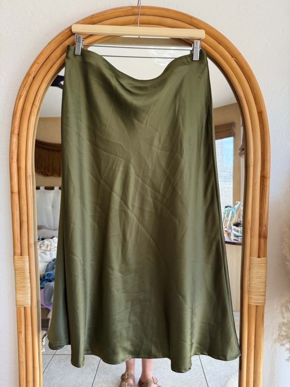zeagoo Olive Green Satin Maxi Skirt
